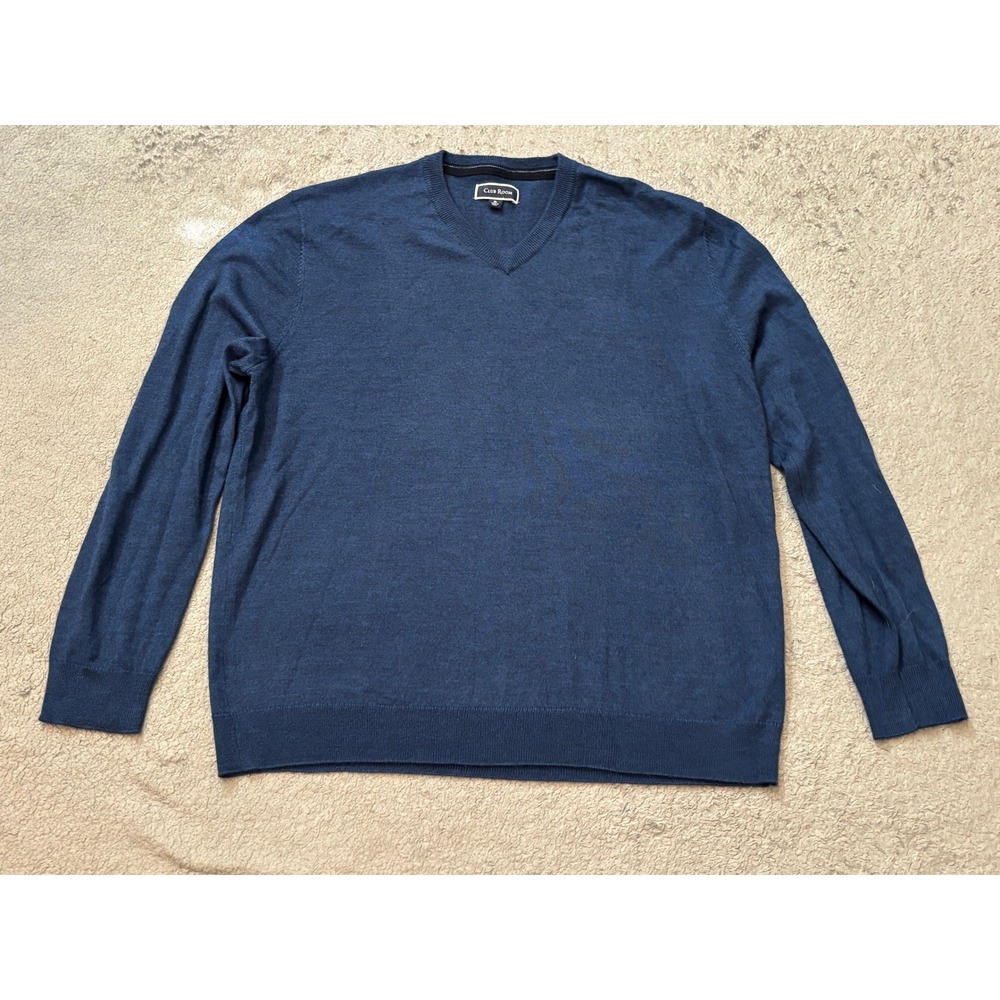 Club Room Mens XL Blue Merino Wool Blend V-Neck Sweater Lightweight Knit